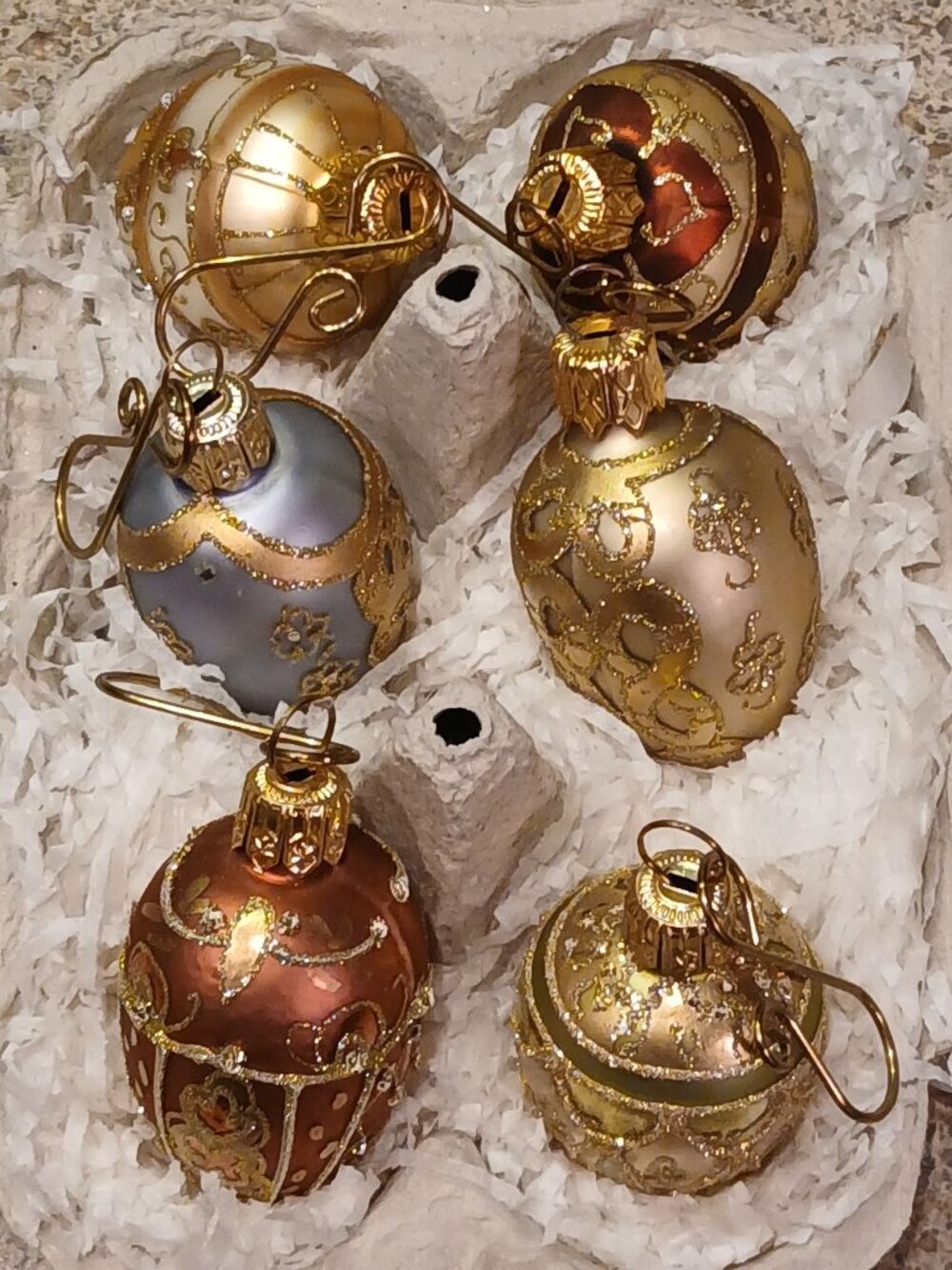 6 Vintage Smith & Hawken Blown Glass Egg Christmas Ornaments w/ Brass Hooks 4